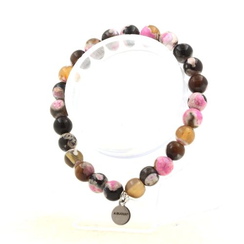 Bracelet Perles Agate Fuchsia Et Marron 8 Mm. Fabriqué En France. Taille Personnalisable.