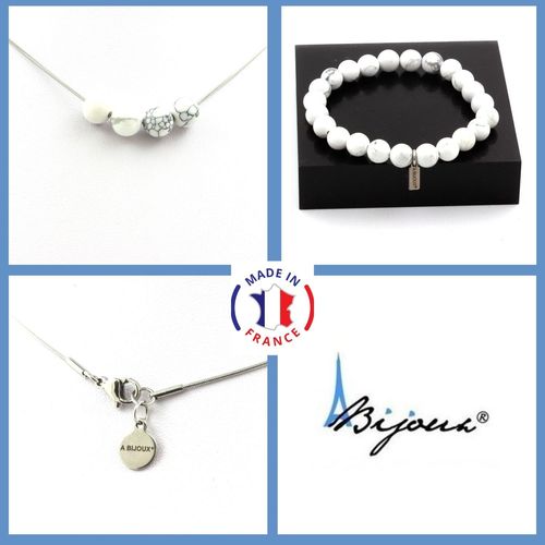 Parure Bijoux Bracelet Collier 4 Perles Howlite 8 Mm. Chaine En Acier Taille Personnalisable.