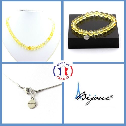 Parure Bijoux Bracelet Collier Perles Citrine 8 Mm. Chaine En Acier Taille Personnalisable.