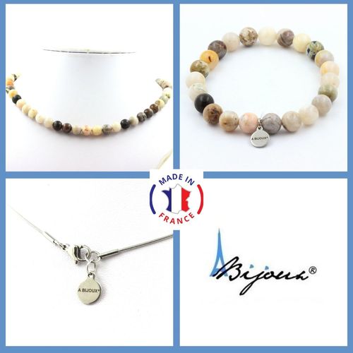 Parure Bijoux Bracelet Collier Perles Agate Feuille De Bambou 8 Mm. Taille Personnalisable.