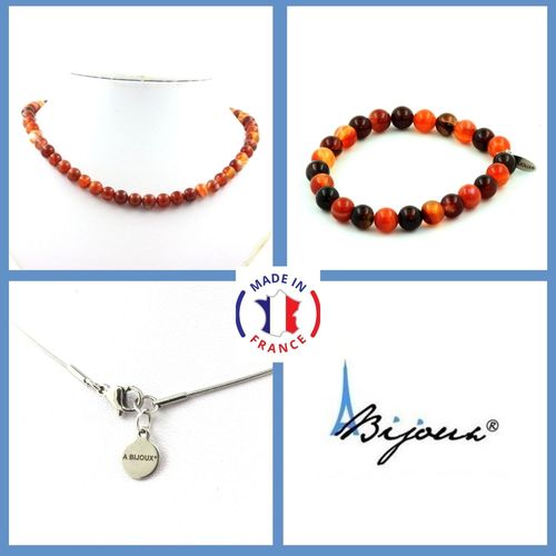 Parure Bijoux Bracelet Collier Perles Agate Rubanée 8 Mm. Chaine En Taille Personnalisable.