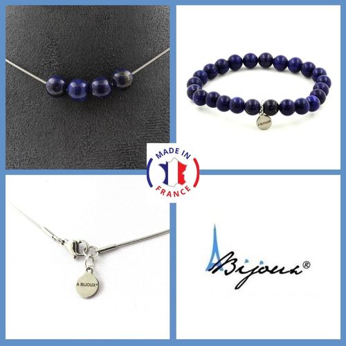 Parure Bijoux Bracelet Collier 4 Perles Lapis Lazuli 8 Mm. Chaine En Taille Personnalisable.