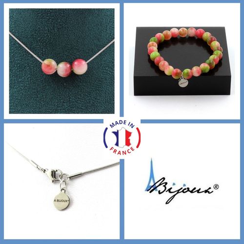 Parure Bijoux Bracelet Collier 3 Perles Tourmaline Melon D'eau 8 Mm. Taille Personnalisable.