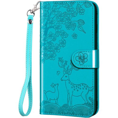 Aisenth Coque Pour Iphone 6 Plus/Iphone 6s Plus, Fleur Cerf Sika Animaux Etui A Rabat, Housse De Protection En Cuir Synthetique Portefeuille Avec Fentes Pour Cartes, Fonction De Support, Bleu Vert