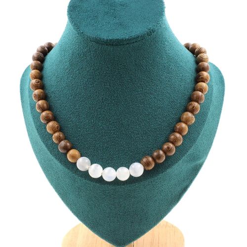 Collier Perles Selenite Du Maroc + Bois 8 Mm. Chaine En Acier Collier Femmes, Hommes. Taille Personnalisable.