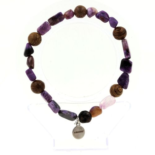 Bracelet Perles Charoite De Russie + Bois 8 Mm. Fabriqué En France. Taille Personnalisable.
