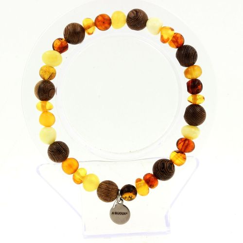 Bracelet Perles Ambre Véritable De La Mer Baltique + Bois 8 Mm. Fabriqué En France. Taille Personnalisable.