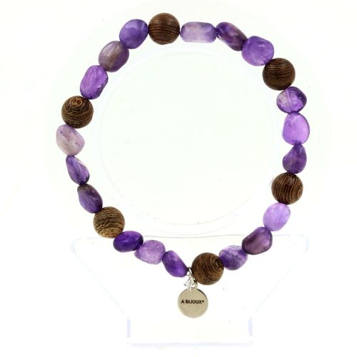 Bracelet Perles Améthyste Du Brésil + Bois 8 Mm. Fabriqué En France. Taille Personnalisable.