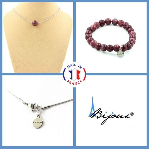 Parure Bijoux Bracelet Collier 1 Perle Lépidolite 8 Mm. Chaine En Taille Personnalisable.