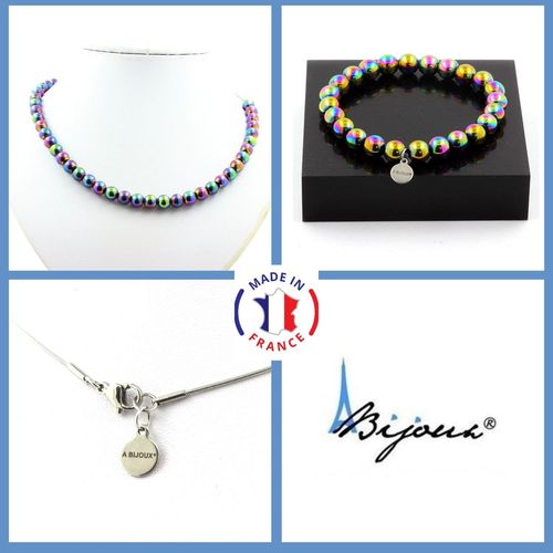 Parure Bijoux Bracelet Collier Perles Hématite Multicolore 8 Mm. Taille Personnalisable.