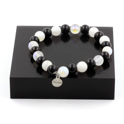 Bracelet Perles Pierre De Lune + Agate Noire 8 Mm. Fabriqué En France.