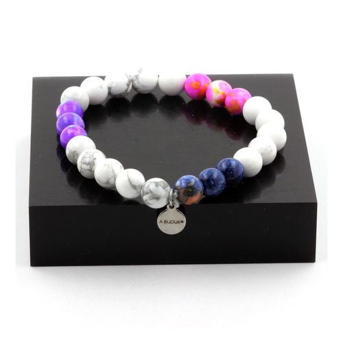 Bracelet Perles Howlite + Jaspe Violet Bleu + Jaspe Rose Jaune + Jaspe Fabriqué En France.