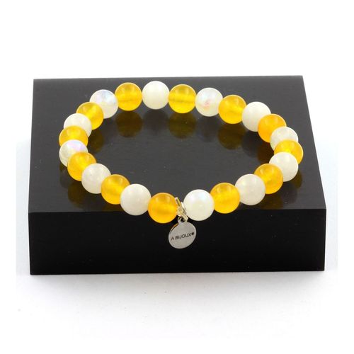 Bracelet Perles Agate Jaune + Pierre De Lune 8 Mm. Fabriqué En France.
