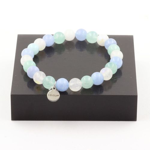Bracelet Perles Angélite + Aigue-Marine + Pierre De Lune 8 Mm. Fabriqué En France.