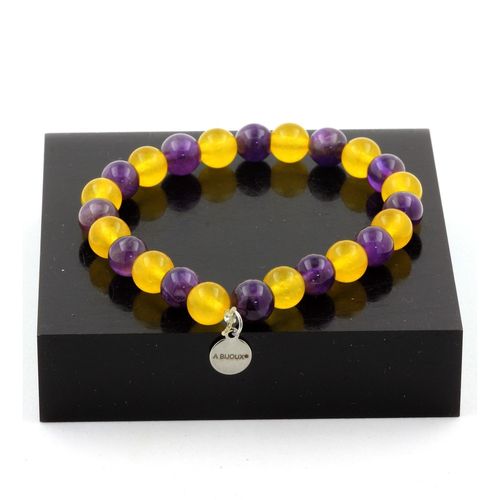 Bracelet Perles Améthyste + Agate Jaune 8 Mm. Fabriqué En France.