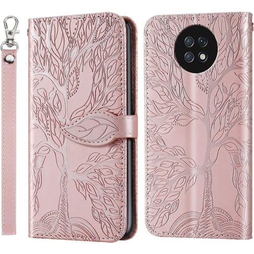 Coque Pour Xiaomi Redmi Note 9t, Folio Cuir Pu Magnetique Feuille Flip Case Portefeuille Telephone Etui Phone Cover Protection Housse Xiaomi Redmi Note 9t, Arbre De Vie Rose