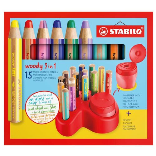 Stabilo Lot De 2 Sets X 15 Crayons Multi-Talents Woody 3 In 1 + 1 Taille-Crayon + 1 Plateau De Rangement