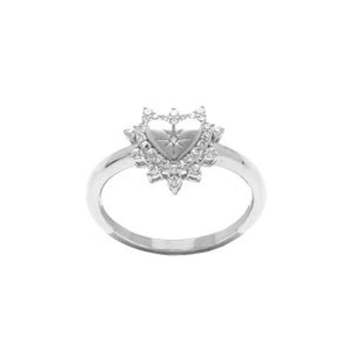 Bague Argent Rhodié Coeur Avec Étoile Du Nord Contour Oxydes Blancs Sertis