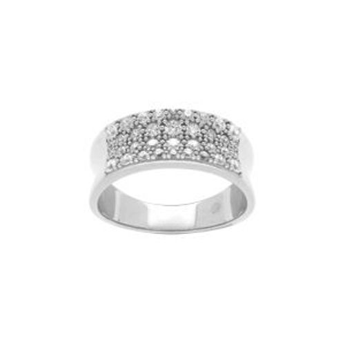 Bague Argent Platiné Ruban Incurvé Pavé Oxydes Blancs Sertis