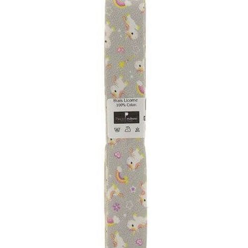 Biais En Coton Motif Licornes 1,5m X 20mm - Passion Rubans Gris