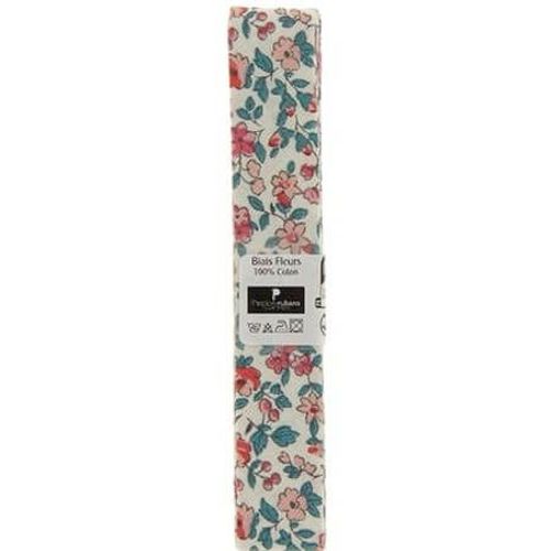 Biais En Coton Motif Fleurs 1,5m X 20mm - Passion Rubans Blanc