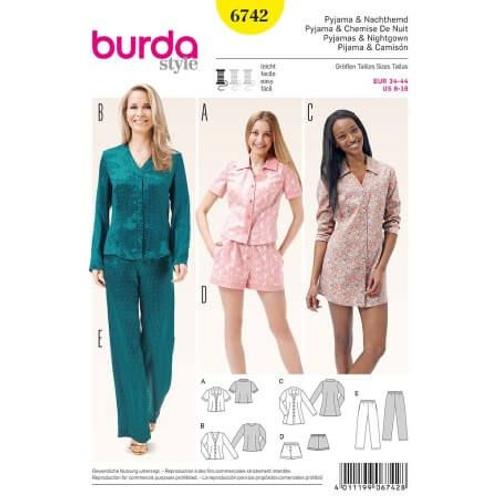 Patron Burda 6742 : Pyjama Et Chemise De Nuit Femme Du 34 Au 44