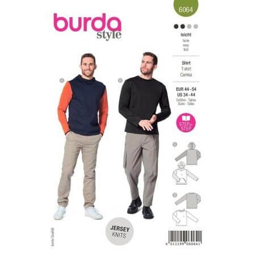 Patron Burda 6064 - Sweatee-Shirt Homme Classique Avec Capuche Ou Bordure D'encolure Du 44 Au 54