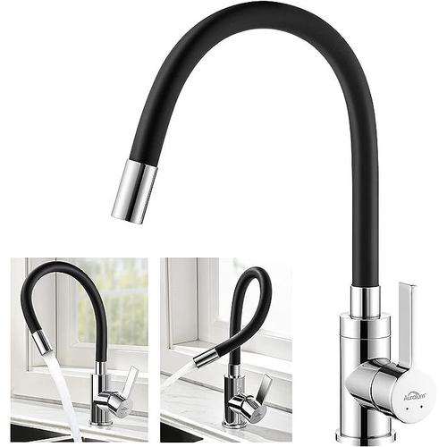 Robinet de Cuisine Flexible Bec Haut Orientable Librement Mitigeur Évier Flexible Laiton Chromé et Noir Robinet Evier Monotrou à Eau Chaude et Froide