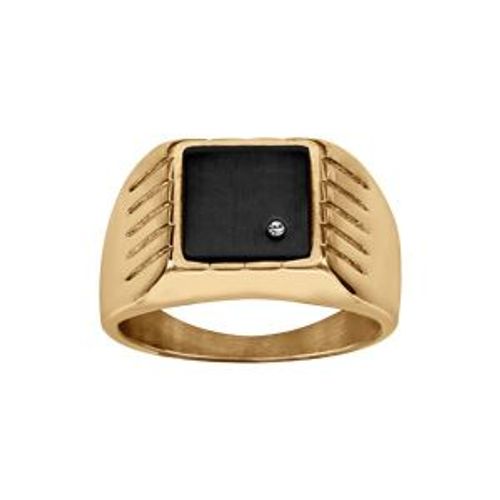 Chevalière Acier Doré Plateau Carré 13 X 13mm Pvd Noir 1 Strass