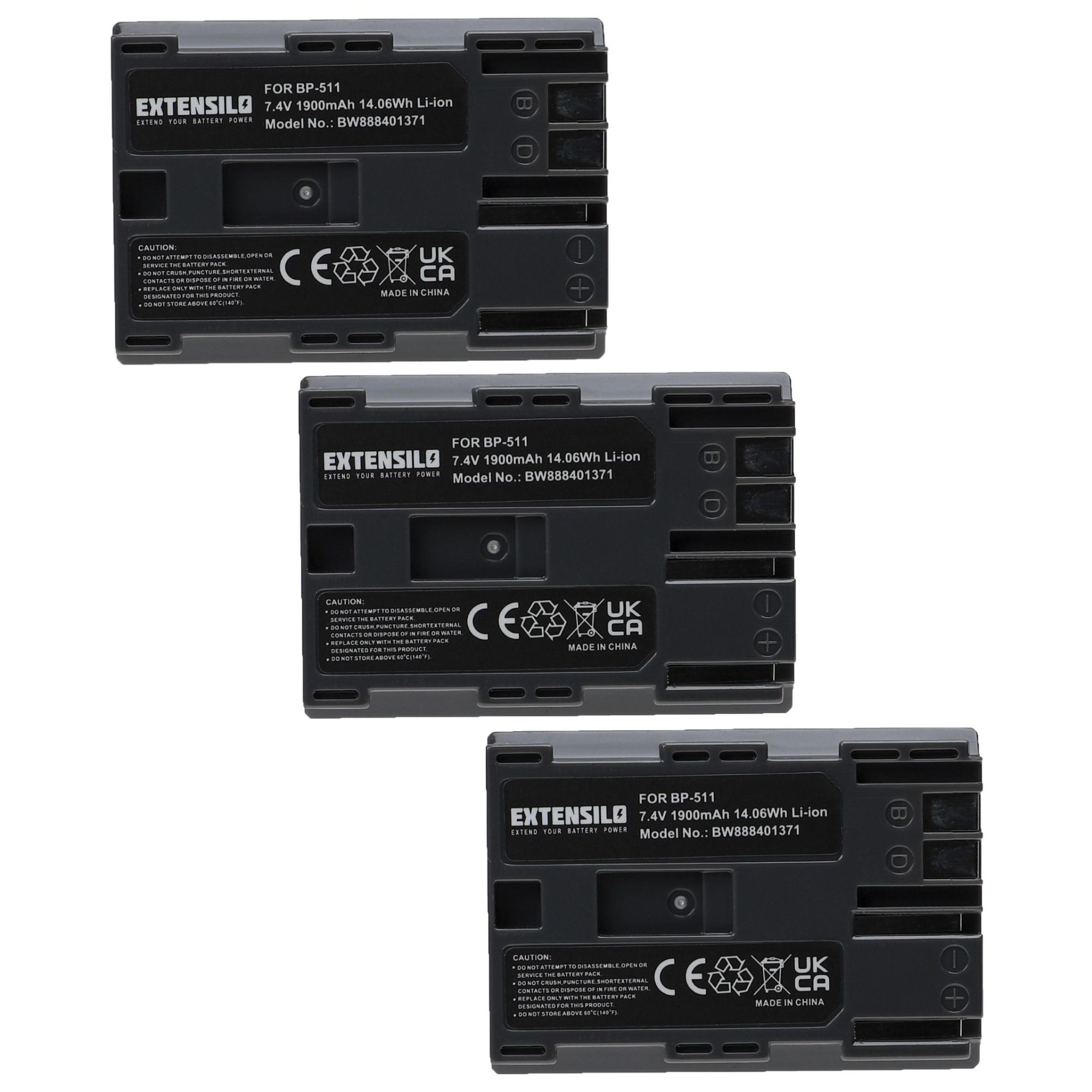 EXTENSILO 3x Batteries compatible avec Canon ZR-40, ZR-50MC, ZR-60, ZR-65MC, ZR-70MC, ZR-80 appareil photo, reflex numérique (1900mAh, 7,4V, Li-ion)