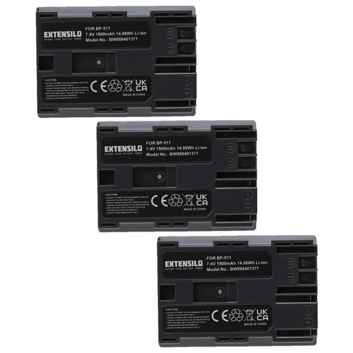 EXTENSILO 3x Batteries remplacement pour Canon BP-508, BP-511, BP-511A, BP-512, BP-514 pour appareil photo, reflex numérique (1900mAh, 7,4V, Li-ion)