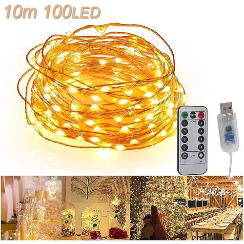 Guirlande Lumineuse Led Usb 10m 100 Led Fil De Cuivre Télécommande Étanche Ip65 Lumières D'ambiance Guirlande Lumineuse - Blanc Chaud