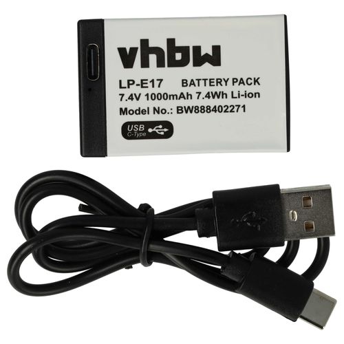 vhbw Batterie compatible avec Canon EOS M6, M5, Rebel SL2, Rebel SL3, M6 Mark II, M3 appareil photo (1000mAh, 7,4V, Li-ion) - prise USB-C