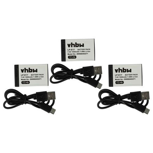 vhbw 3x Batteries compatible avec Canon EOS M6, M5, Rebel SL2, Rebel SL3, M6 Mark II, M3 appareil photo (1000mAh, 7,4V, Li-ion), prise USB-C