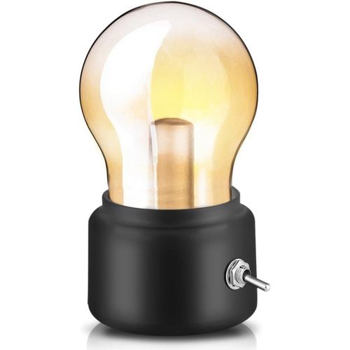 Lampe De Chevet Rétro Ampoule, Usb Rechargeable Led Night Light Mini Lampe De Chevet Lampe De Bureau Élégant Pour La Hambre À Coucher Éclairage De Bureau(Noir)