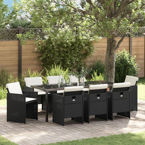 Vidaxl Ensemble Salle À Manger 9 Pièces Avec Coussins En Rotin Noir, Table Jardin Vidaxl Noire 200x80x73 Cm En Verre Trempé