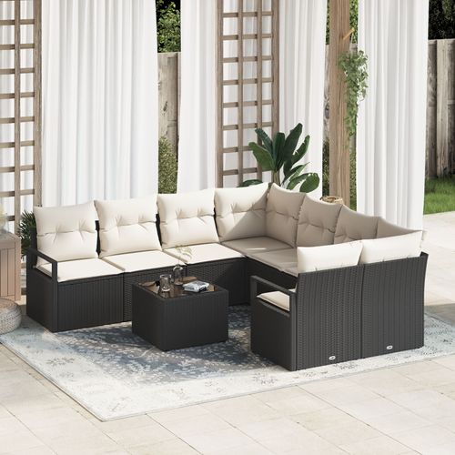 Ensemble De Canapés 9 Pièces Vidaxl Avec Coussins En Rotin Noir, Canapé Vidaxl 2 Places Avec Coussins En Rotin Noir