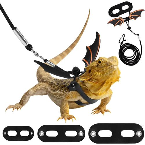 3 Pcs Harnais De Dragon Bardu Laisse Réglable De Lézard, Harnais De Reptile En Cuir Avec Ailes De Chauve-Souris, Harnais Pour Petits Animaux Amphibiens Lézards Reptiles, Noir + Or Rose