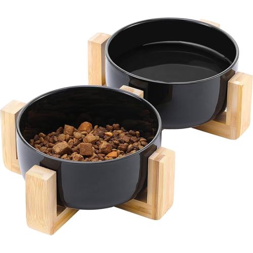 Bol Pour Animaux De Compagnie, Gamelles De Chiens En Céramique Idéales, 2 Bols De Nourriture Pratiques Pour Chats Avec Support De Bol En Bois Antidérapant, Noir