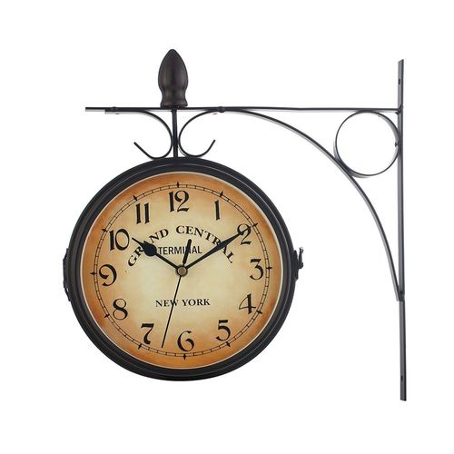 Horloge Murale Moderne Horloge Double Face avec Support, Style Rétro, Fonctionnant sur Batterie, Horloge de Gare New York, Horloge Metal, Noir