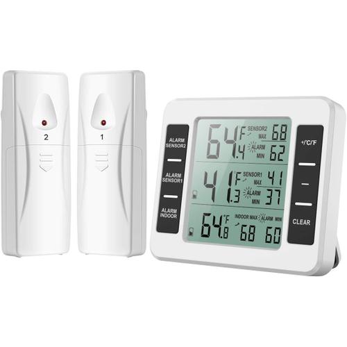Thermomètre Frigo, Thermometre Réfrigérateur avec Alarme Congélateur, Thermomètre Intérieur Extérieur Sans Fil avec 2 Capteurs, MIN/MAX et Alarme Température, Thermomètre Connecté pour Maison