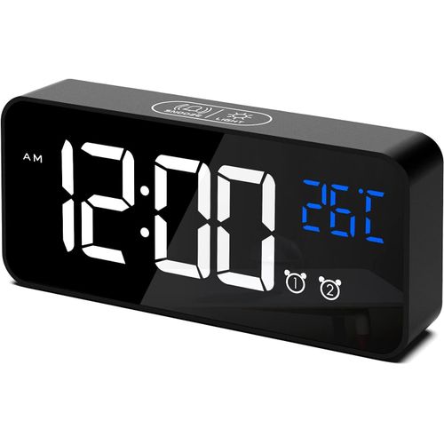 Réveil Numérique, Horloge Numérique LED Horloge Digitale Réveil Aver Température/Snooze/ 2 Alarme/12/24 Heures/Port de Recharge USB/16 musiques (Noir)