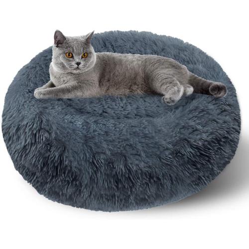 2paniers Pour Chiens En Peluche, Lits Pour Chats, Canapé Coussin Rond Pour Chiot Lavable, Animaux Panier Donut Doux, Lit Apaisant Avec Fond Antidérapant, Lit De Nid De Chat (Gris Foncé 50cm