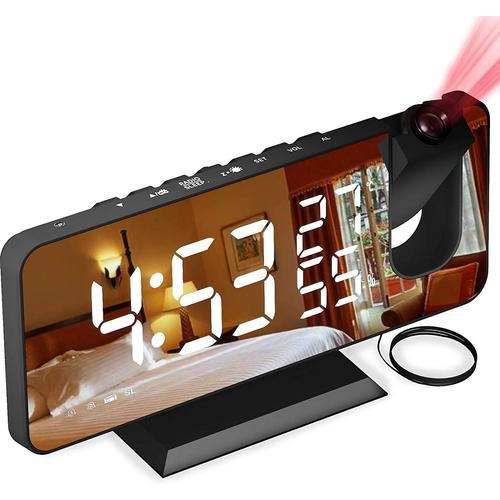 Reveil Projecteur avec Radio, Horloge Numérique, Radio Reveil USB avec Double Alarme et Écran Miroir LED de 7, Snooze, 4 Niveaux de Luminosité, 12/24h, 15 Volume, pour La Maison, Le Bureau