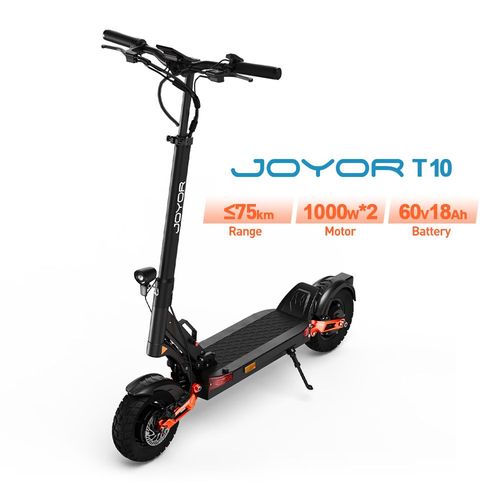 Trottinette Électrique Joyor T10, Double Moteur 2000 W, 10 Pouces, Tout-Terrain, Batterie 60 V Et 18 Ah, Autonomie 75 Km - Noir