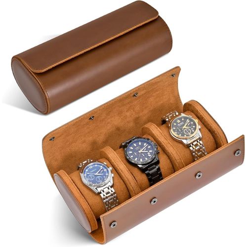 Étui À Montre Voyage, Boîte À Montre Homme/Femme, 3 Rouleau Boîte Rangement Montre, Cuir Étui Pour Montres Pour Cadeau Noël Anniversaire (Marron Foncé)