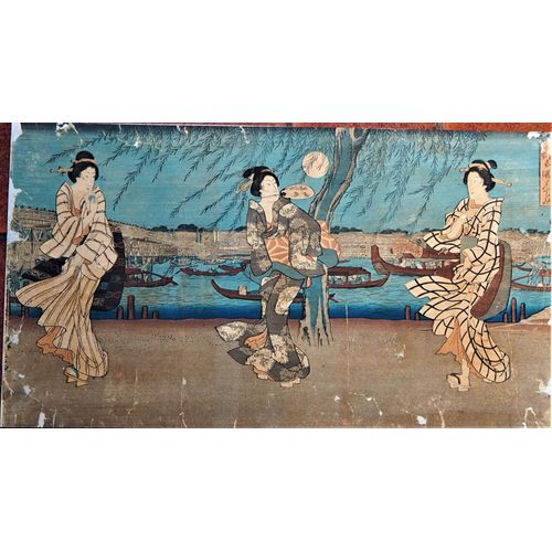 Triptyque D'estampes Japonaises Originales De Hiroshige "Ryogoku Yu-Suzumi"