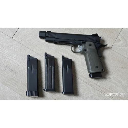 Pistolet A Gaz Gbb Hi-Capa Kjw Kp05 1 Joule 4 Chargeurs Gaz + Co2