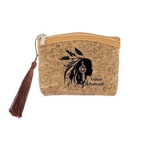 Porte monnaie et cles liege avec motif boho et plumes personnalisable
