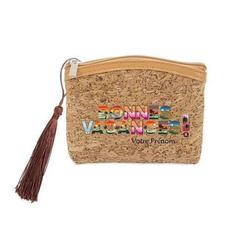 Porte monnaie et cles liege avec motif bonnes vacances personnalisable